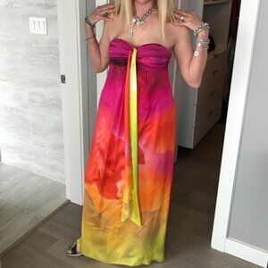 COLIN HEANEY Designer Custom Silk Dress raspberry, pink, orange yellow, green, S